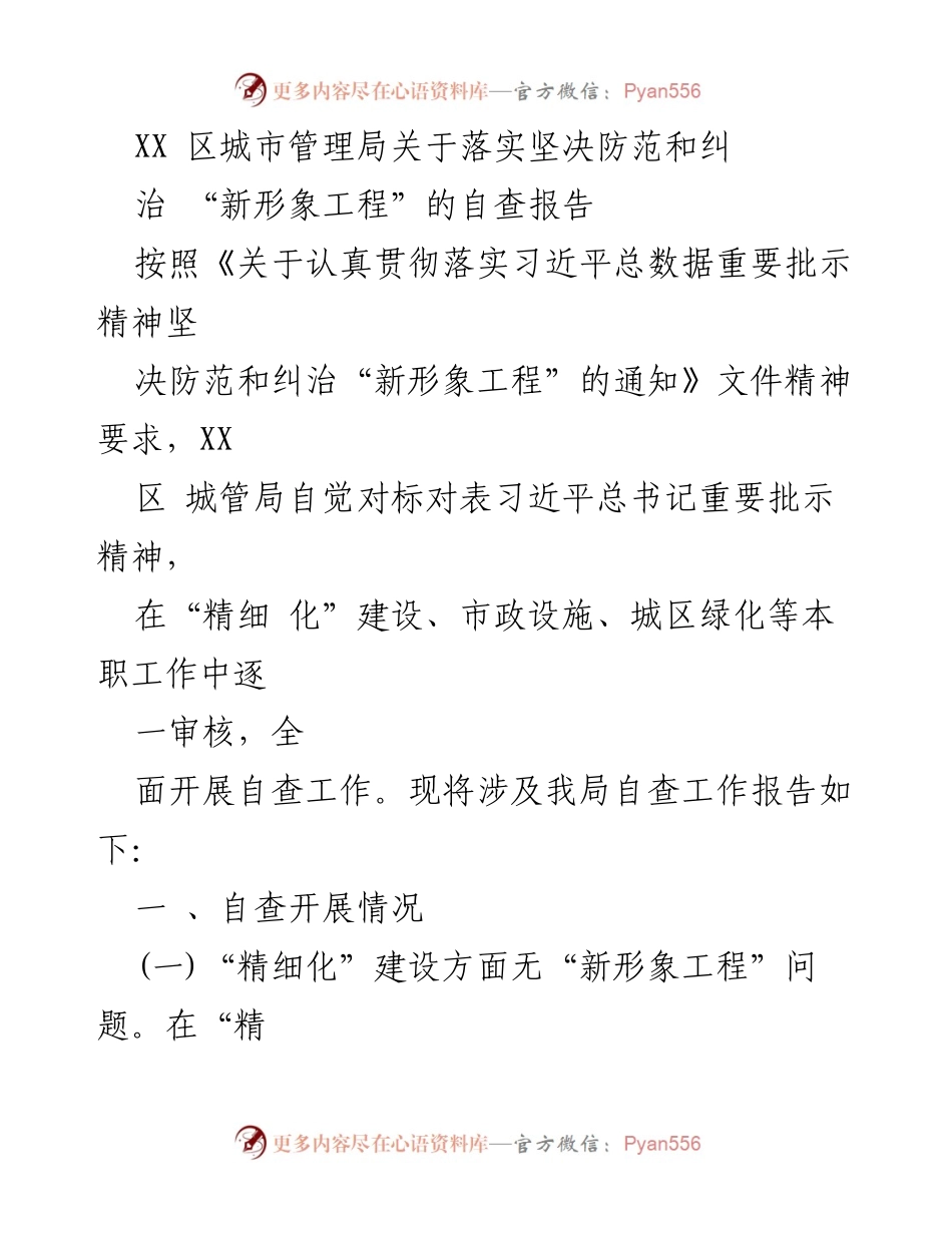 [自查报告] 城市管理局 - XX区城市管理局新形象工程自查报告.docx_第1页