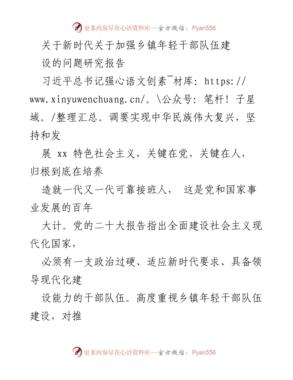 [调研报告] 乡镇年轻干部建设 - 新时代乡镇年轻干部队伍建设问题与对策研究.docx_第1页