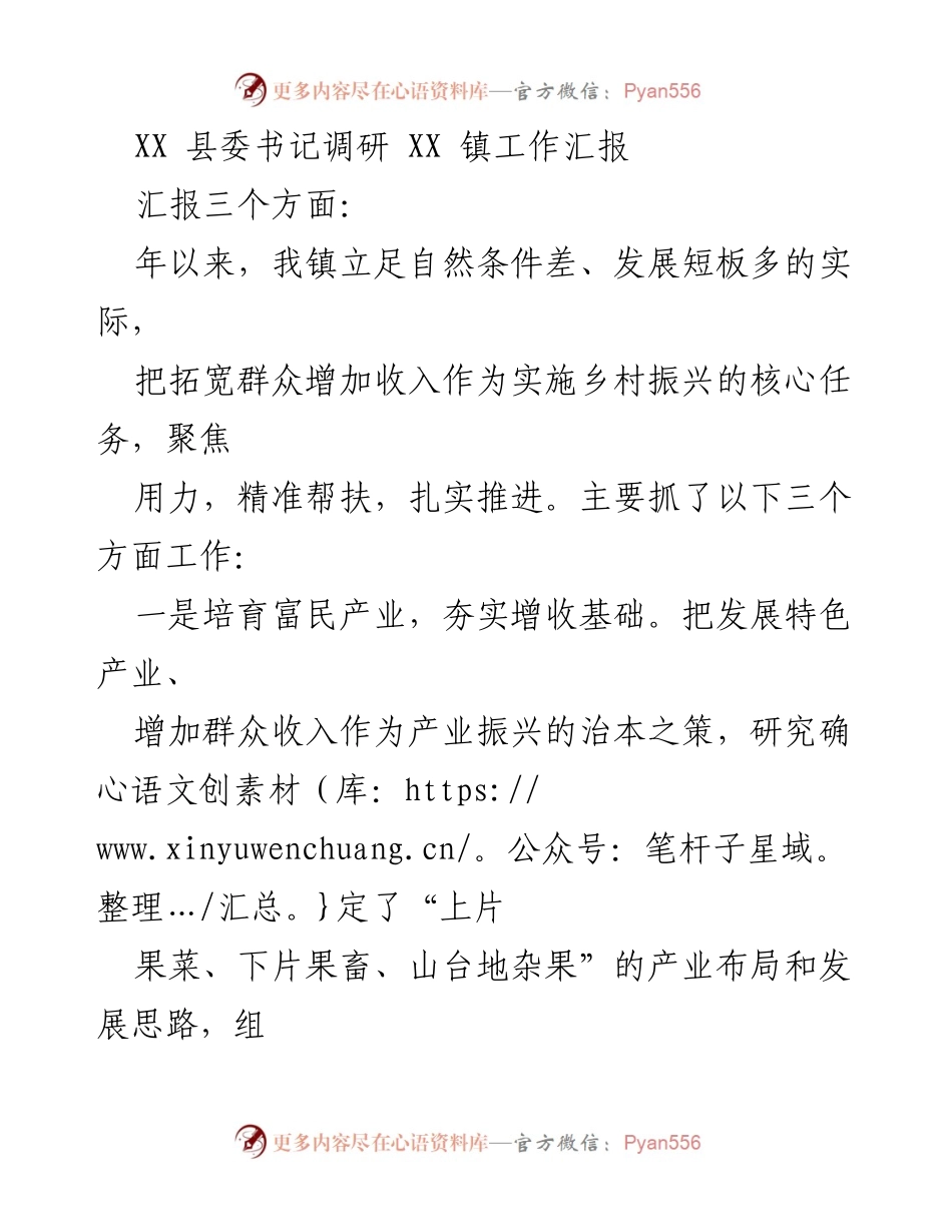 [调研报告] 县委书记调研 - XX 镇乡村振兴工作汇报与发展策略.docx_第1页