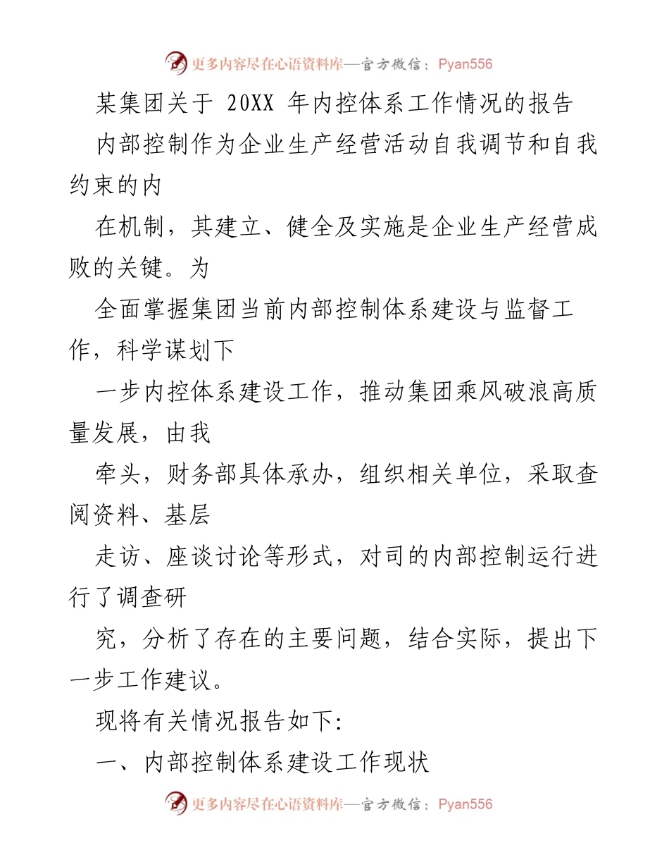 [调研报告] 内控体系建设 - 某集团20XX年度内部控制体系工作情况报告.docx_第1页