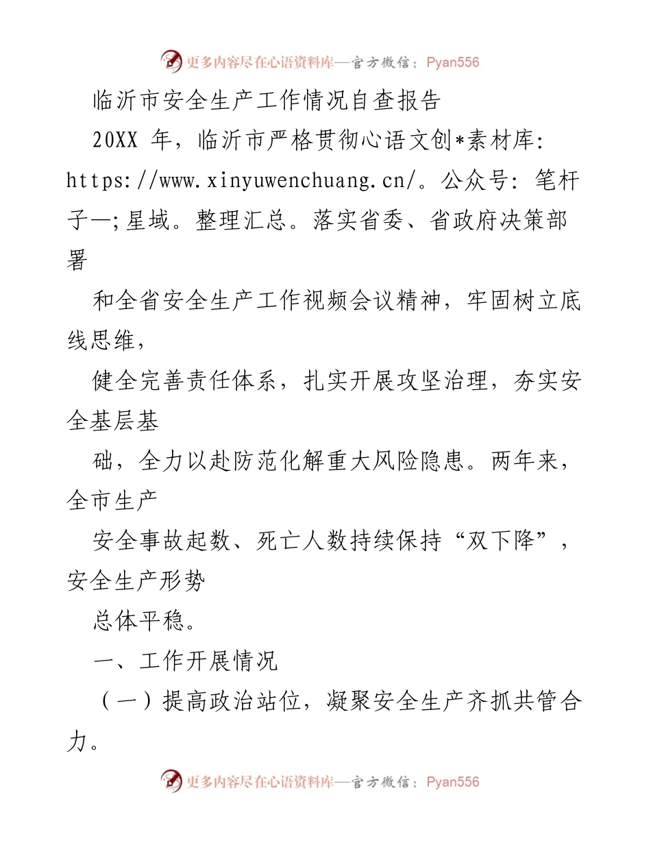 [调研报告] 临沂市安全生产工作 - 临沂市安全生产工作自查与治理成效总结.docx_第1页