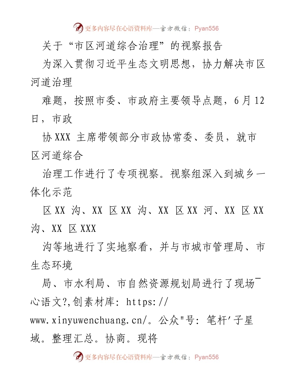 [视察报告] 市区河道治理 - 市区河道综合治理专项视察报告.docx_第1页