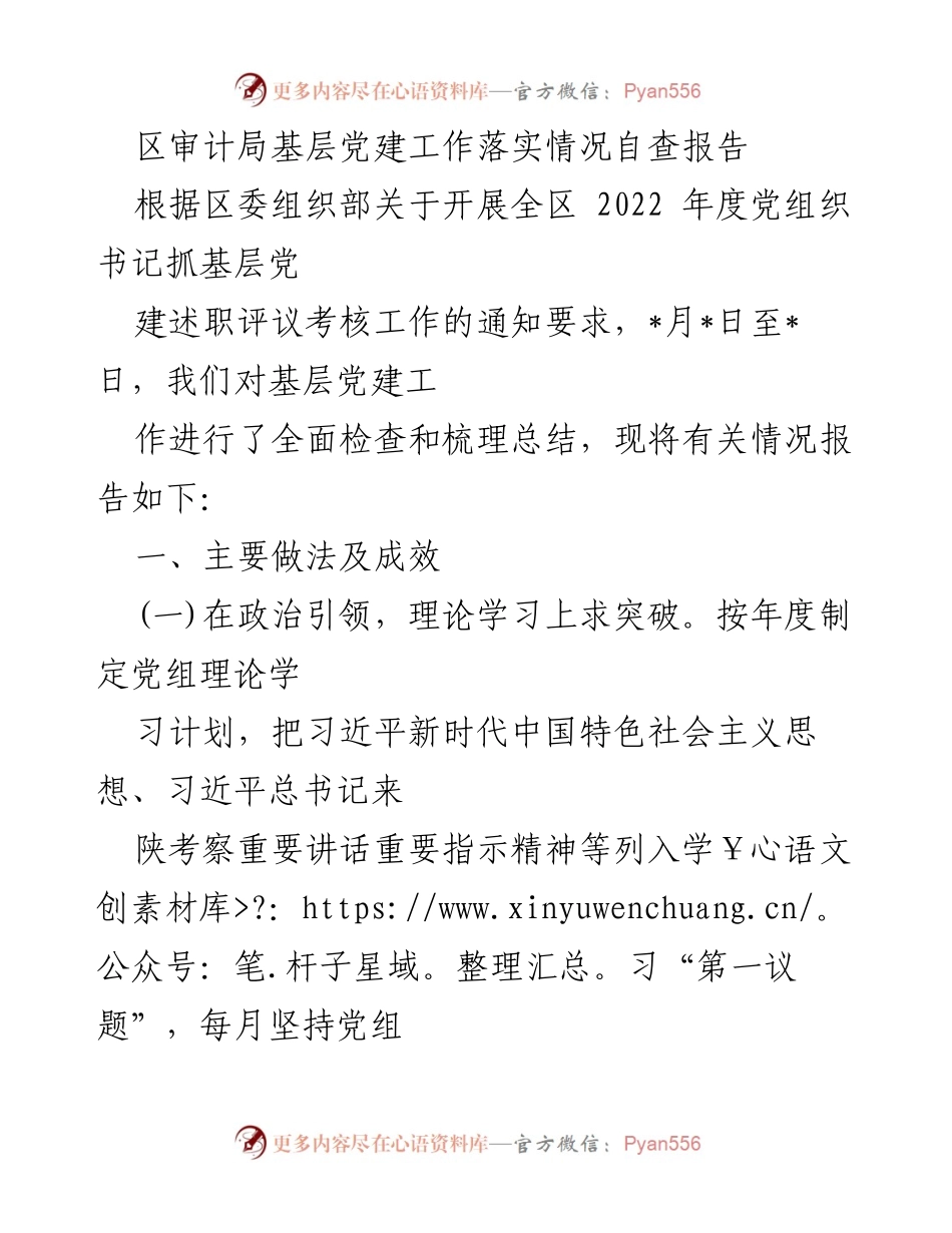 [调研报告] 基层党建工作 - 区审计局基层党建工作落实情况自查报告.docx_第1页