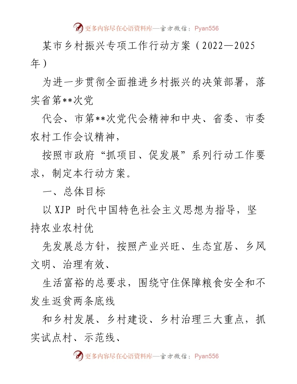 [行动方案] 乡村振兴 - 某市乡村振兴专项工作行动方案（2022—2025年）.docx_第1页
