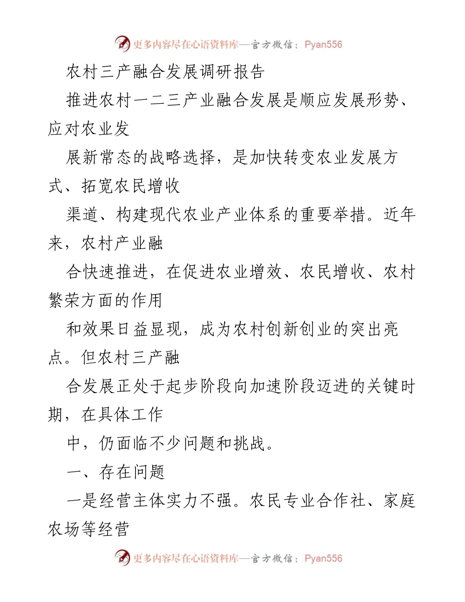 [调研报告] 农村产业发展 - 农村三产融合发展现状与挑战分析_1.docx_第1页