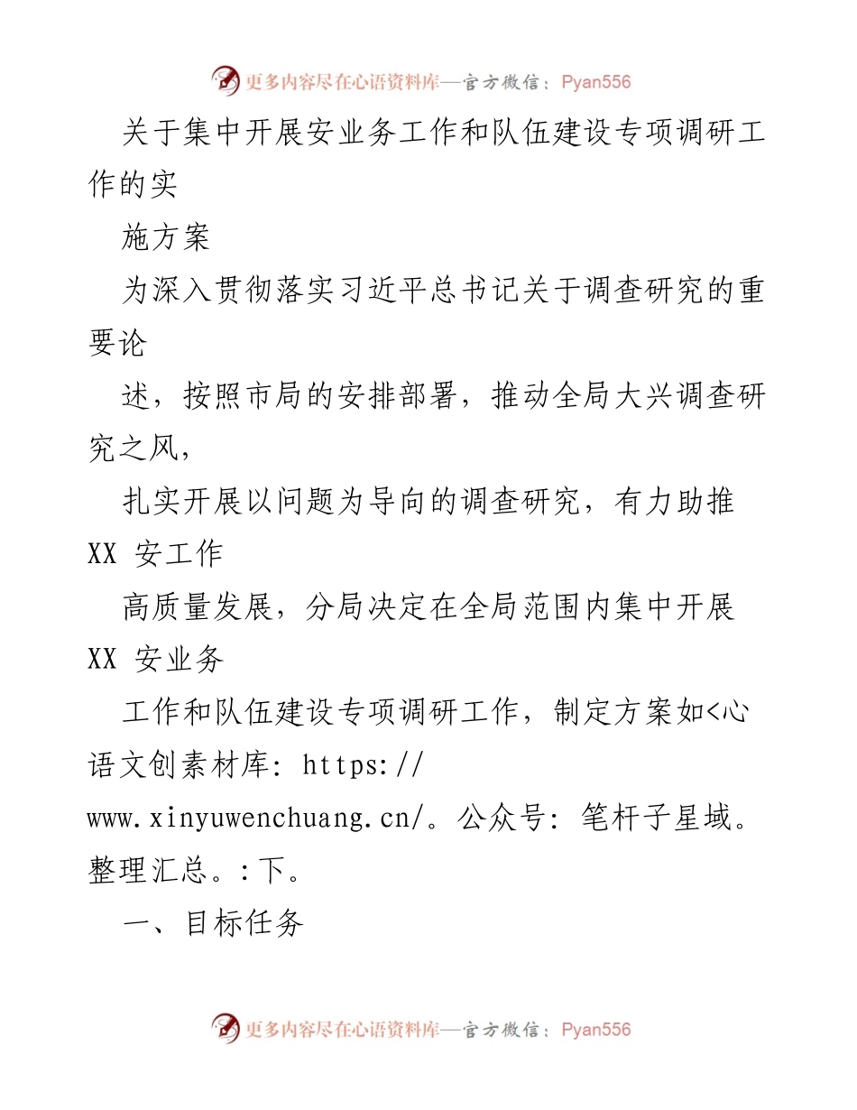 [调研报告] 专项调研工作 - 集中开展安业务与队伍建设专项调研实施方案.docx_第1页