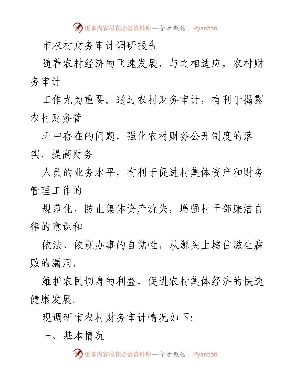 [调研报告] 农村财务审计 - 市农村财务审计现状及改进措施调研报告.docx_第1页