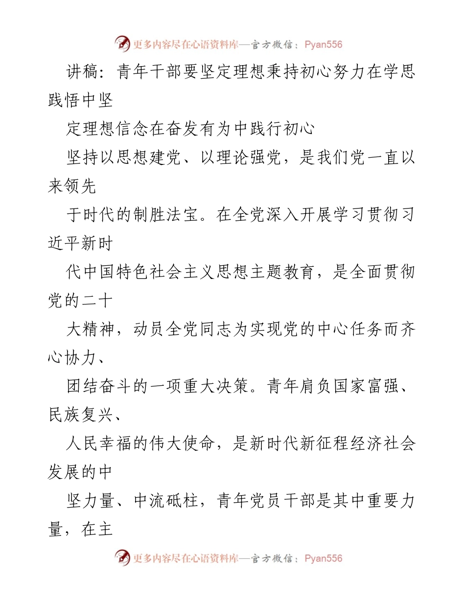 [讲稿] 青年干部主题教育 - 青年干部要坚定理想信念，践行初心使命.docx_第1页