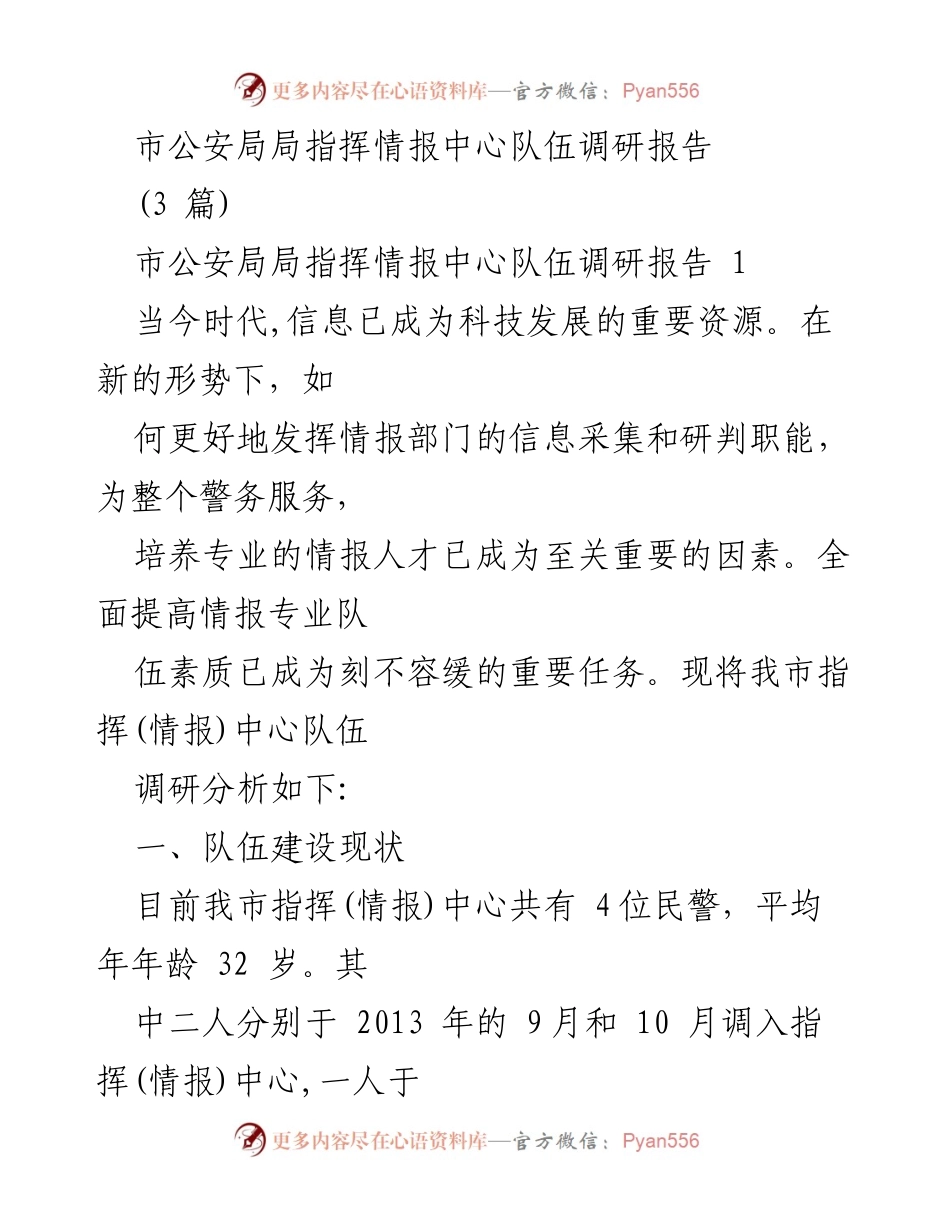[调研报告] 市公安局 - 指挥情报中心队伍建设现状与问题分析.docx_第1页