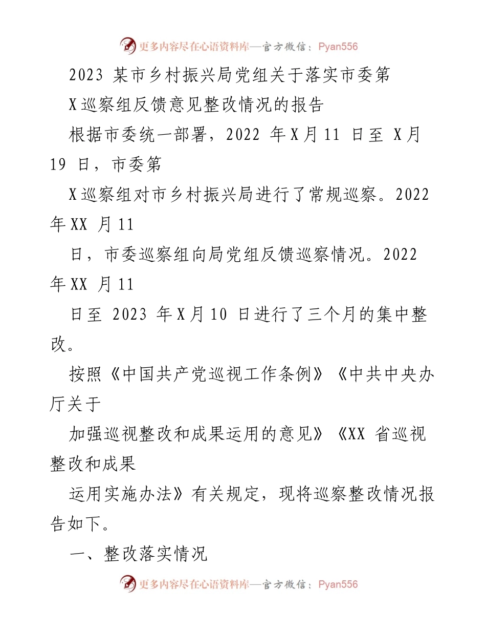 [调研报告] 巡察整改 - 2023年某市乡村振兴局巡察整改落实情况报告.docx_第1页