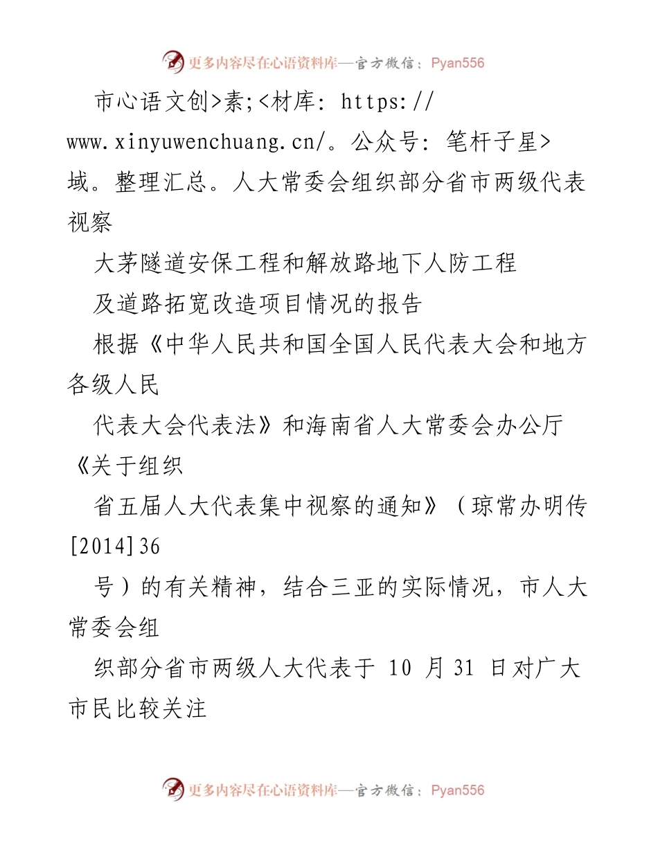 [调研报告] 市人大常委会视察 - 大茅隧道安保工程与解放路地下人防工程视察情况报告.docx_第1页