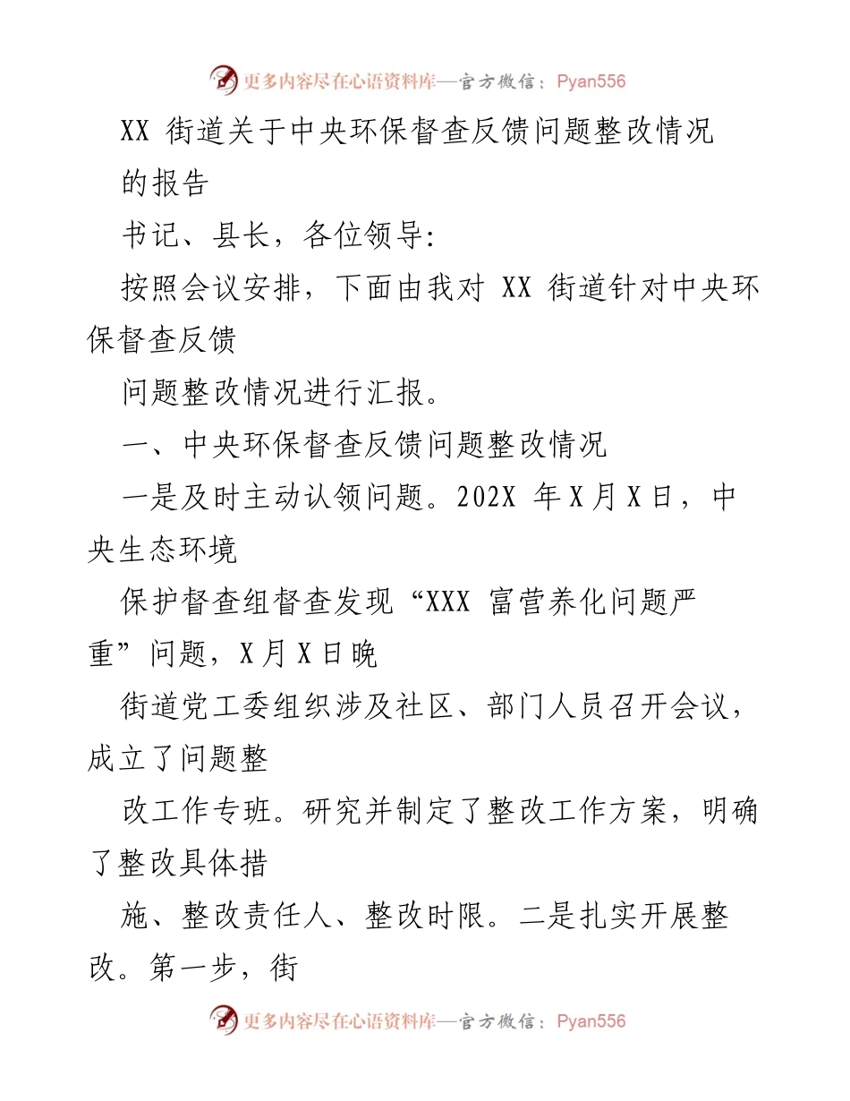 [调研报告] 中央环保督查整改 - XX街道中央环保督查反馈问题整改情况汇报.docx_第1页