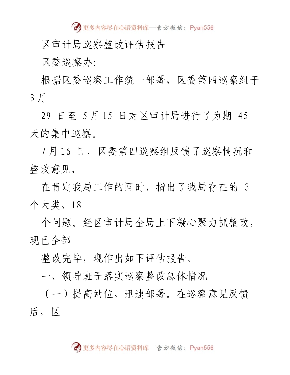 [评估报告] 巡察整改 - 区审计局巡察整改评估报告_1.docx_第1页