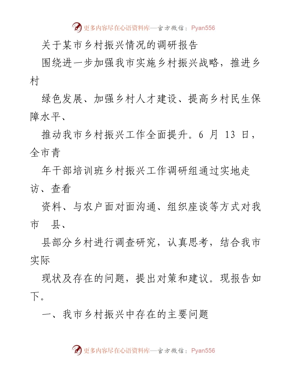 [调研报告] 乡村振兴 - 某市乡村振兴现状及问题调研报告.docx_第1页