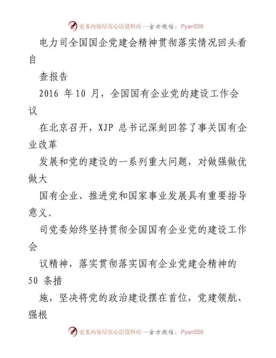 [调研报告] 国有企业党建工作 - 电力司国企党建会精神落实情况回顾与成效分析.docx_第1页