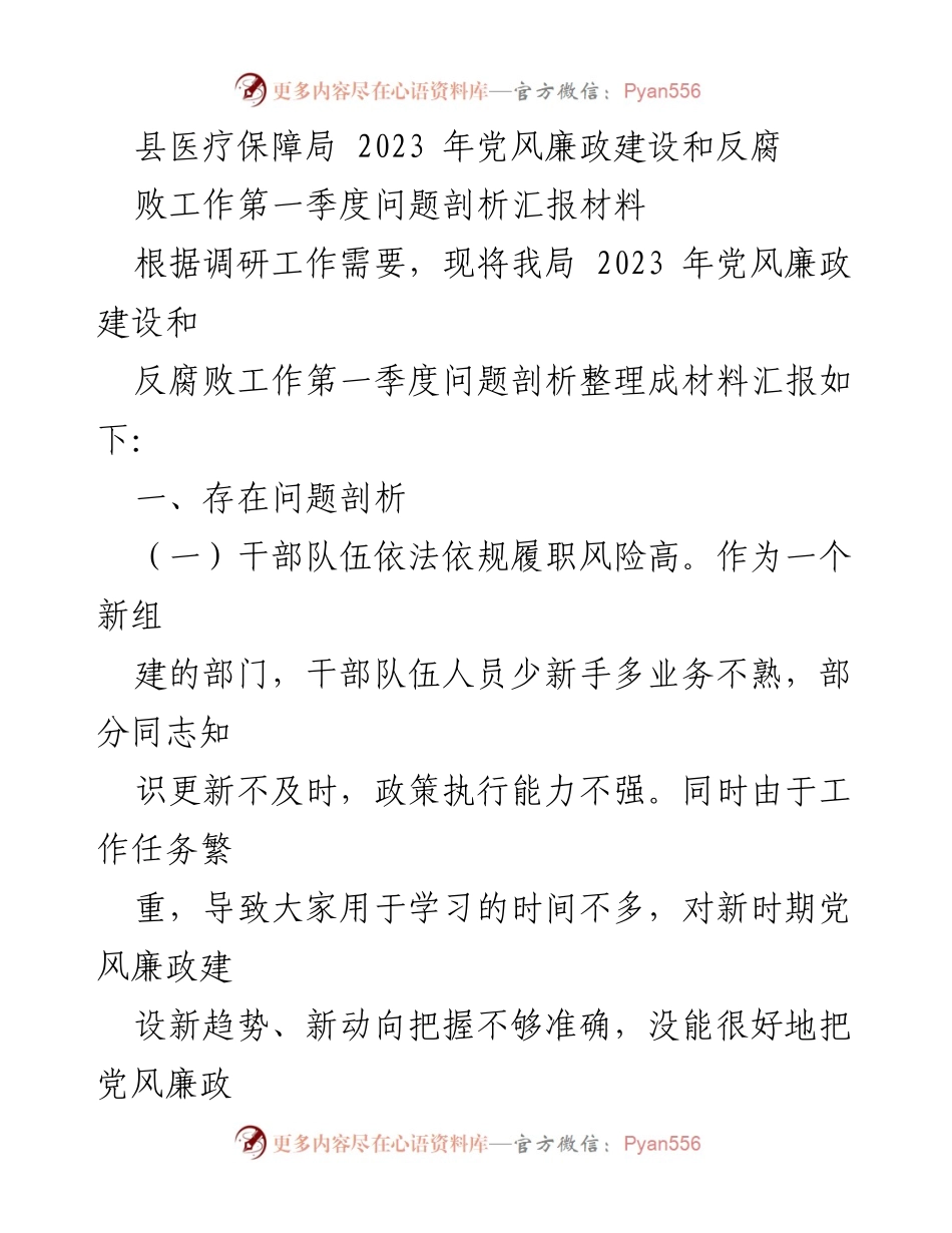 [调研报告] 医疗保障局 - 2023年第一季度党风廉政建设与反腐败工作问题剖析报告.docx_第1页