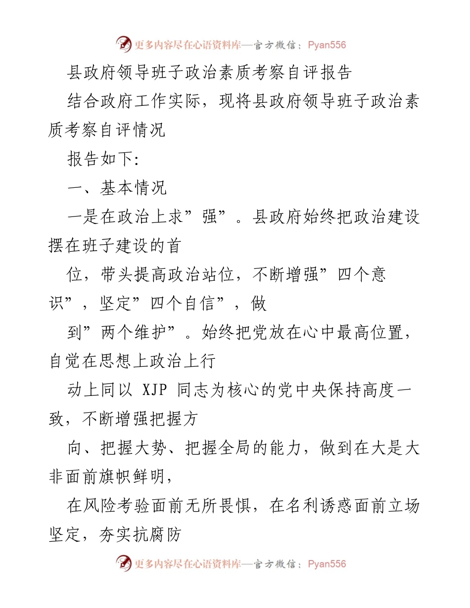 [自评报告] 政府工作 - 县政府领导班子政治素质考察自评报告.docx_第1页