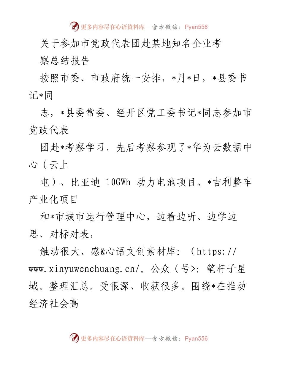 [调研报告] 市党政代表团考察 - 市党政代表团赴某地知名企业考察总结报告.docx_第1页