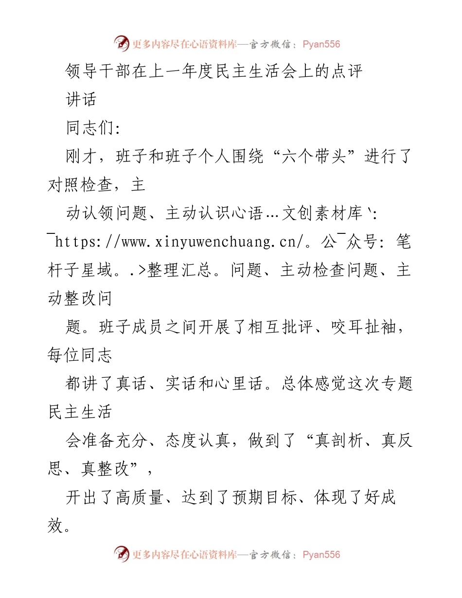 [讲话] 民主生活会 - 领导干部民主生活会点评及改进建议.docx_第1页