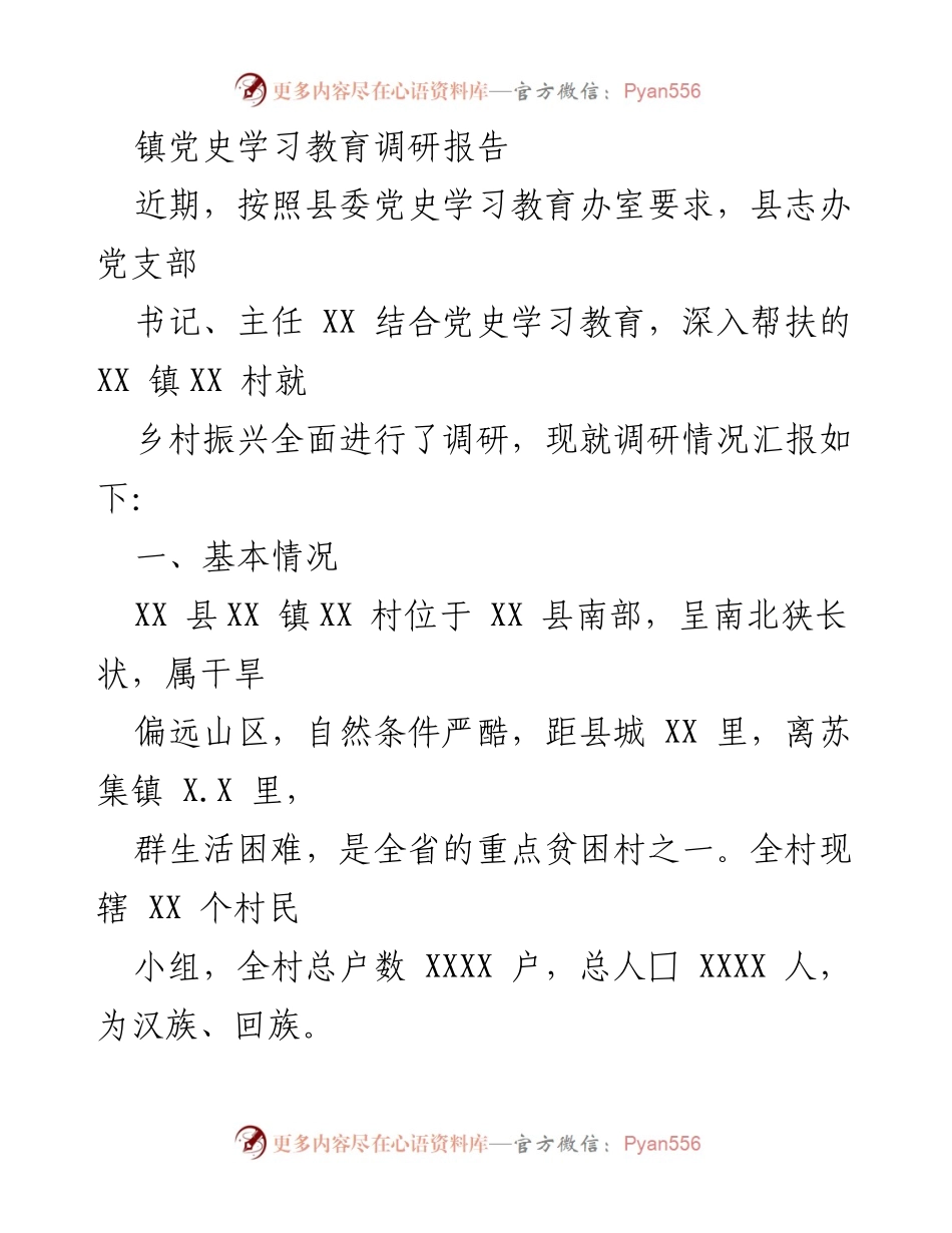 [调研报告] 乡村振兴 - XX镇XX村党史学习教育调研情况汇报.docx_第1页