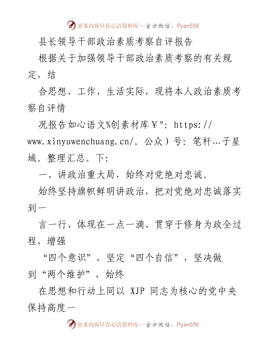 [自评报告] 政治素质考察 - 县长领导干部政治素质自评报告_1.docx_第1页