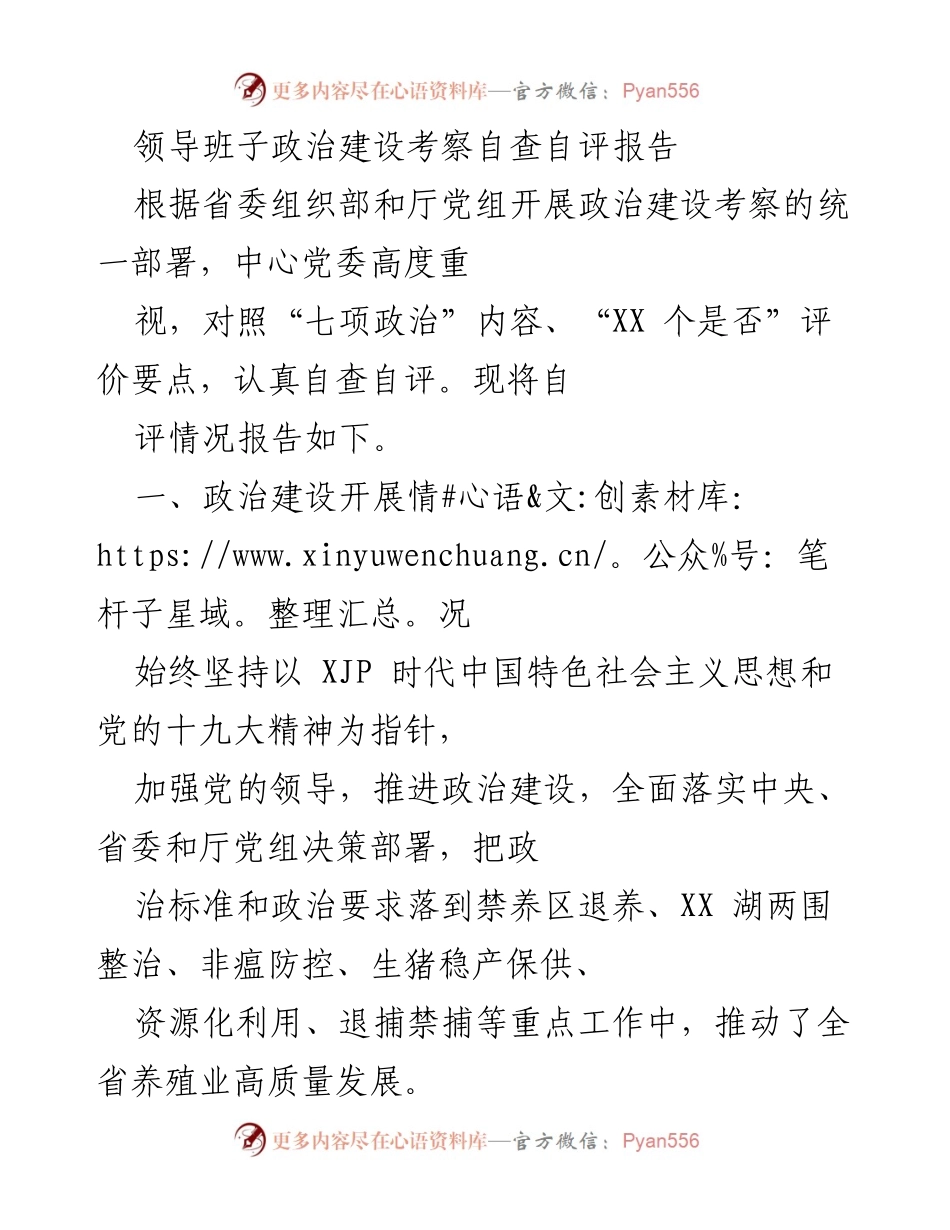 [自评报告] 政治建设考察 - 领导班子政治建设自查自评情况报告.docx_第1页