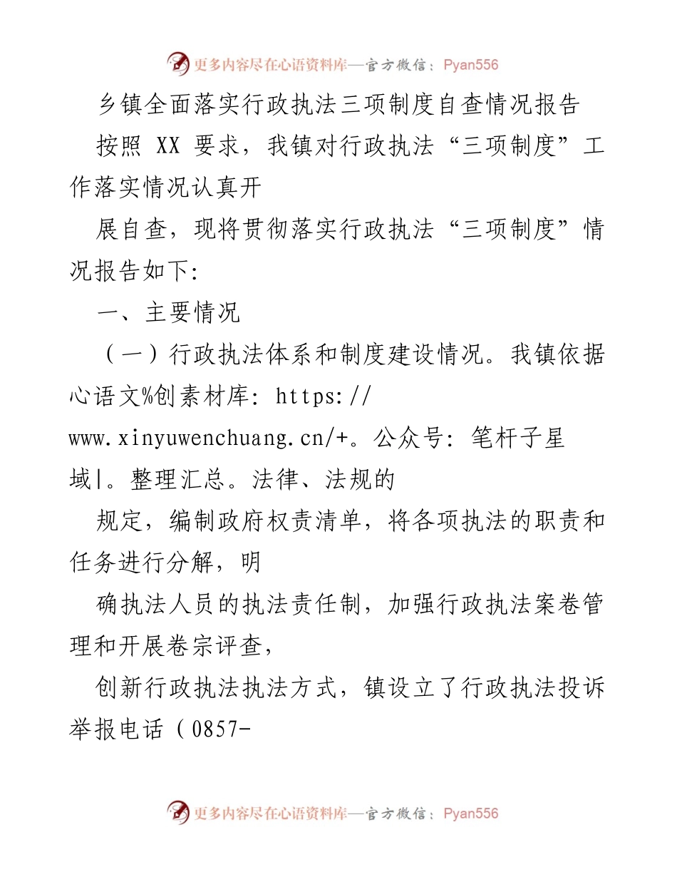 [自查报告] 行政执法 - 乡镇行政执法三项制度落实情况自查报告.docx_第1页