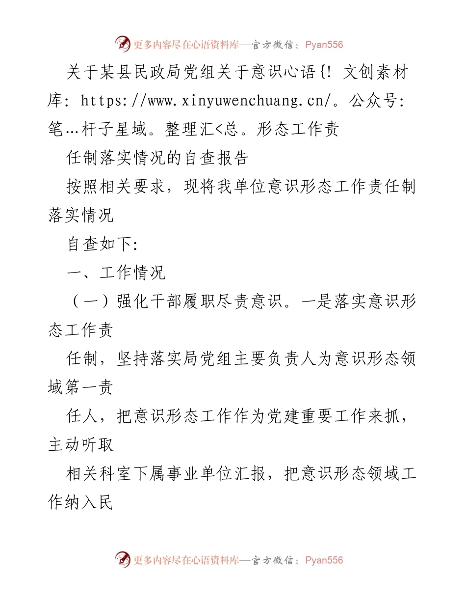 [自查报告] 民政局 - 意识形态工作责任制落实情况自查报告.docx_第1页