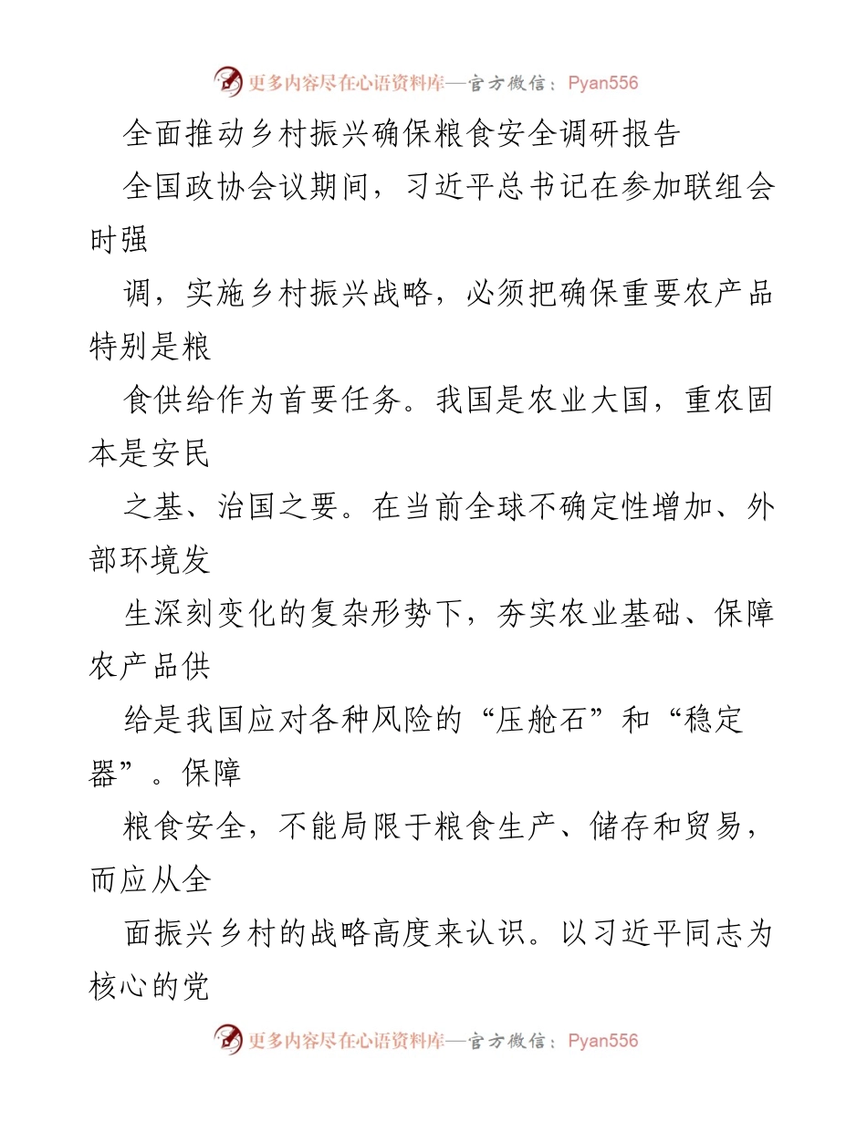 [调研报告] 全国政协会议 - 全面推动乡村振兴与粮食安全的战略思考.docx_第1页