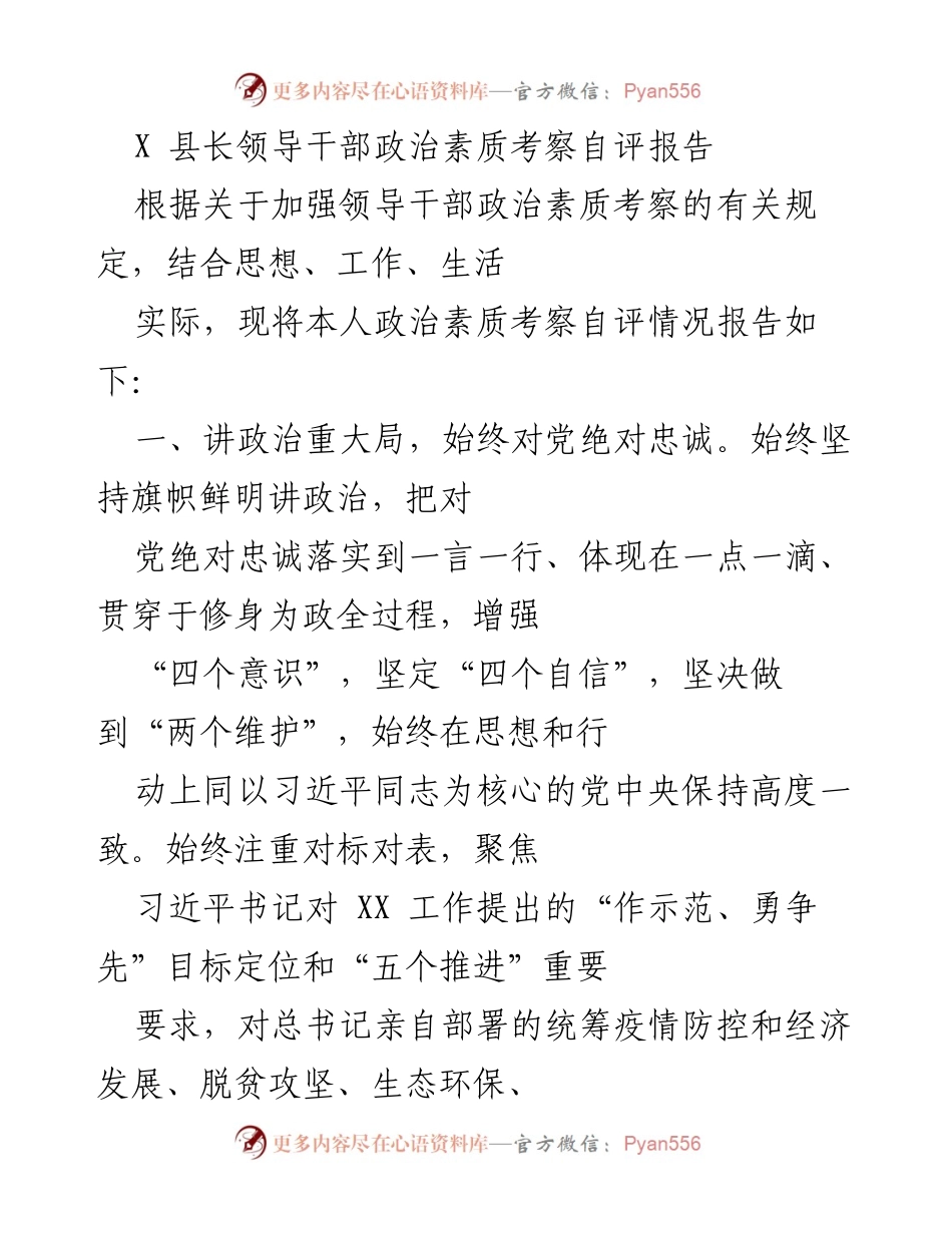 [自评报告] 政治素质考察 - X县长领导干部政治素质自评报告.docx_第1页