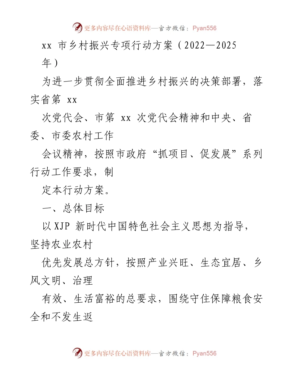 [行动方案] 乡村振兴 - xx市乡村振兴专项行动方案（2022-2025）.docx_第1页