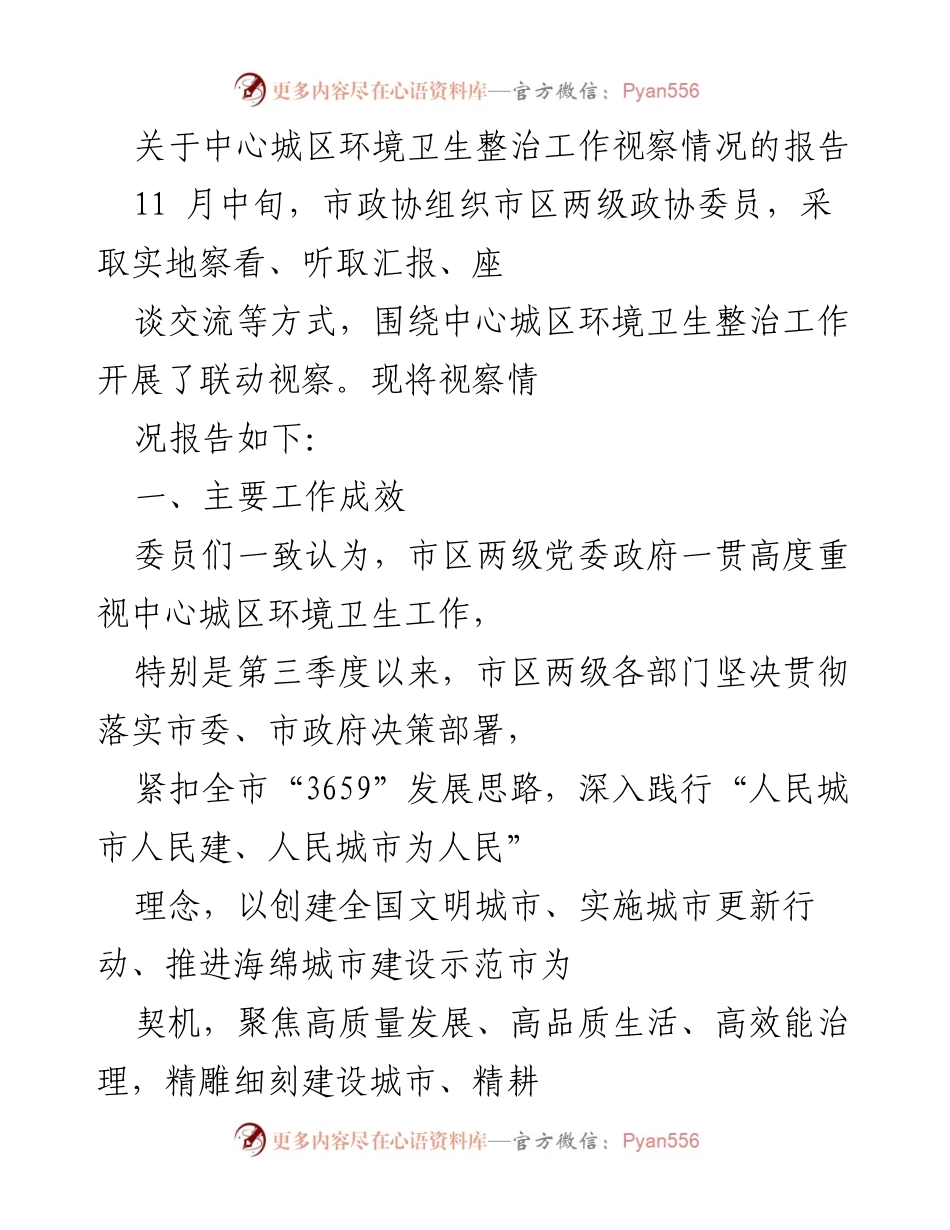 [调研报告] 中心城区环境卫生整治工作 - 中心城区环境卫生整治工作视察情况报告.docx_第1页