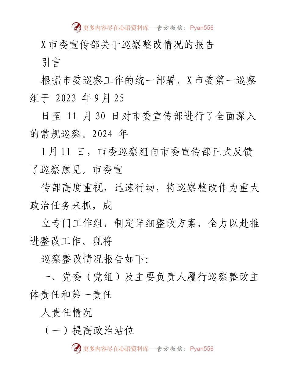 [调研报告] 巡察整改 - X市委宣传部巡察整改情况报告.docx_第1页