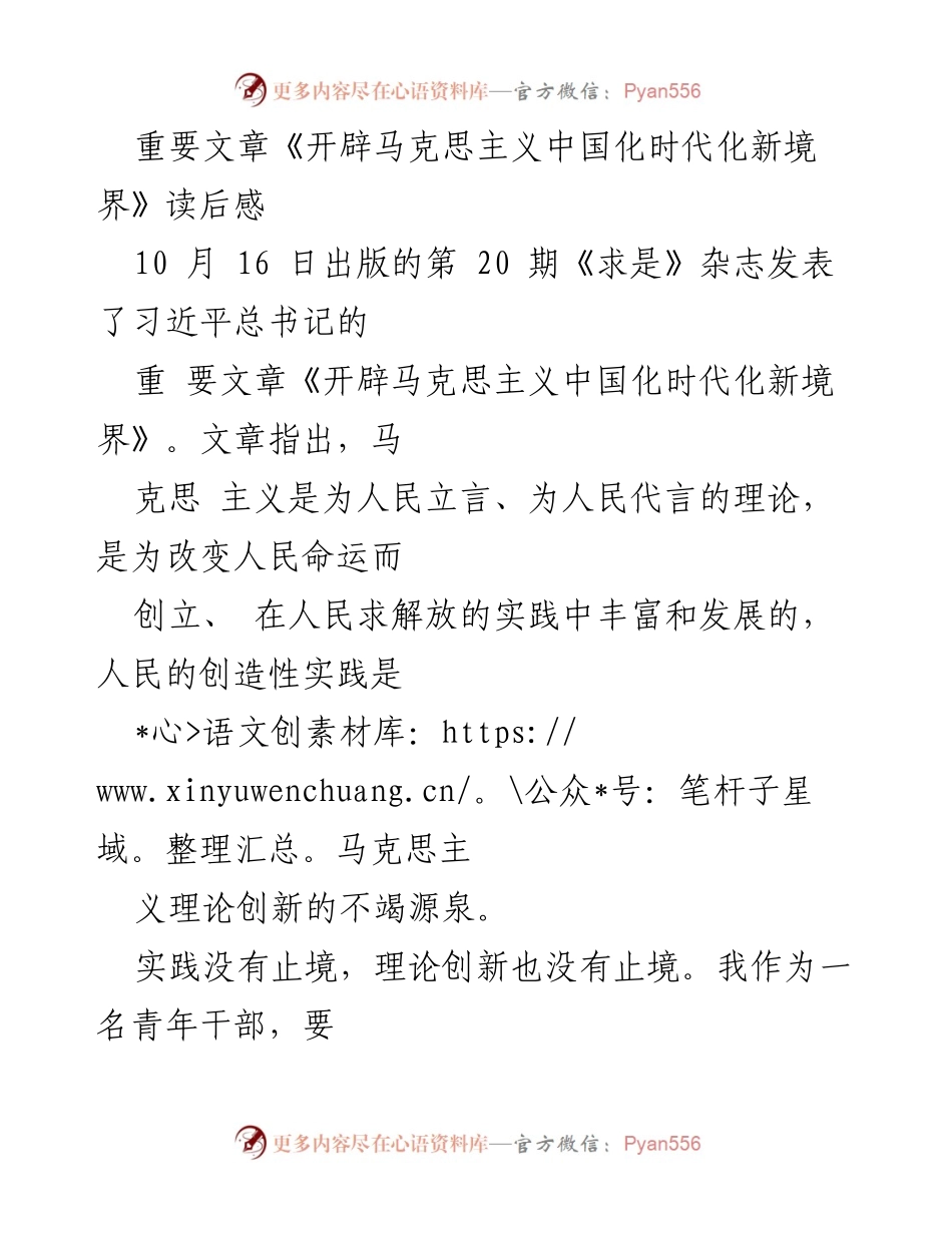 [读后感] 学习交流 - 《开辟马克思主义中国化时代化新境界》读后感悟与青年干部责任.docx_第1页