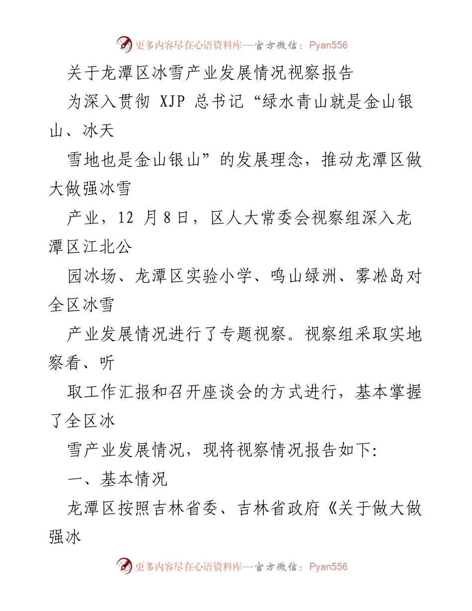 [视察报告] 龙潭区 - 龙潭区冰雪产业发展情况视察报告.docx_第1页