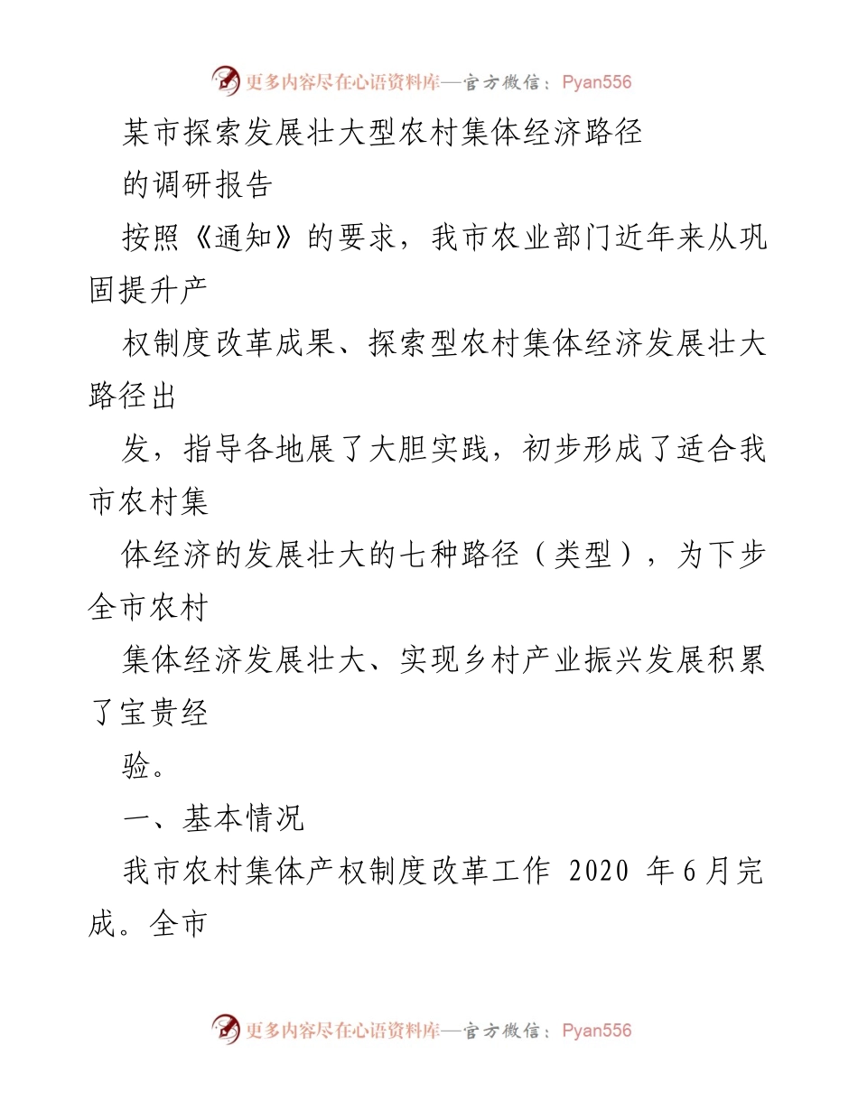 [调研报告] 农村经济发展 - 某市农村集体经济发展壮大路径探索报告.docx_第1页