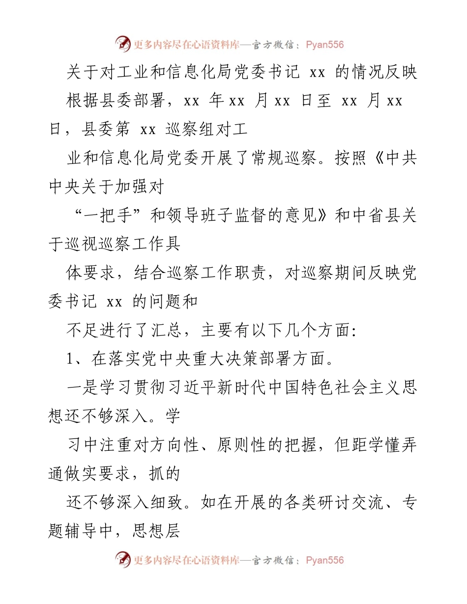 [调研报告] 巡察工作 - 工业和信息化局党委书记情况反映报告.docx_第1页