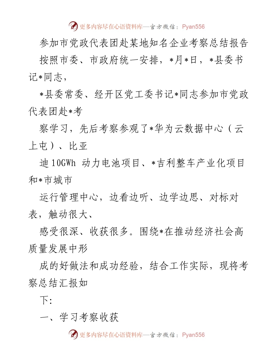 [调研报告] 市党政代表团考察 - 市党政代表团赴某地知名企业考察学习总结报告.docx_第1页
