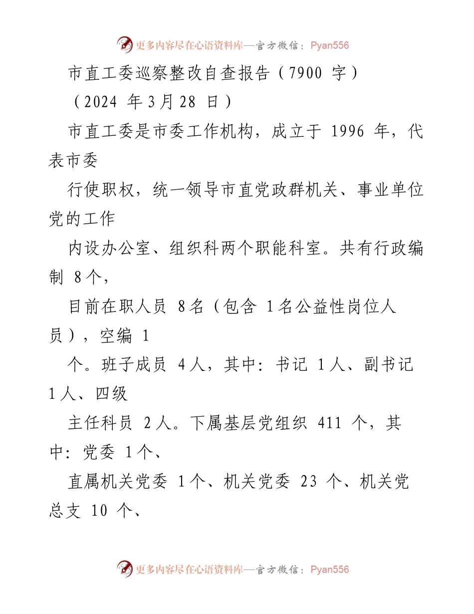 [自查报告] 市直工委 - 市直工委巡察整改自查报告总结.docx_第1页