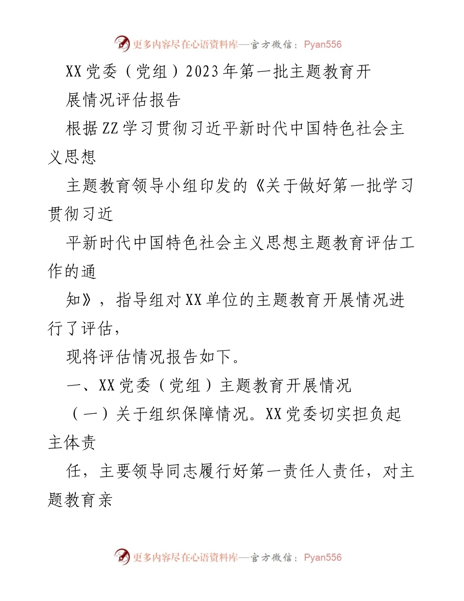[评估报告] 主题教育 - XX单位2023年第一批主题教育开展情况评估报告.docx_第1页