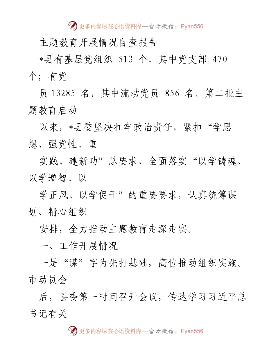 [调研报告] 主题教育 - _县主题教育开展情况自查报告.docx_第1页
