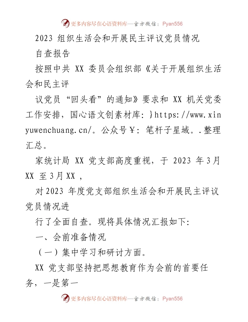 [自查报告] 组织生活会 - 2023年度党支部组织生活会及民主评议党员自查情况报告.docx_第1页