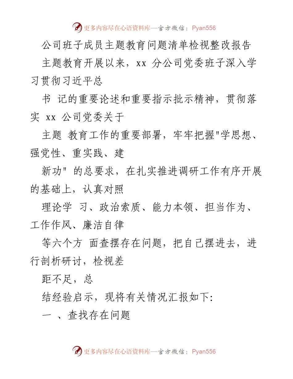 [调研报告] 主题教育 - 公司班子成员主题教育问题整改分析报告.docx_第1页