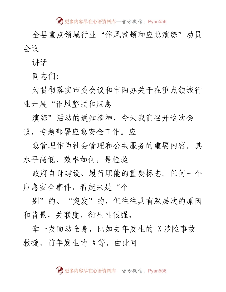 [讲话] 动员会议 - 全县重点领域行业应急管理作风整顿动员讲话.docx_第1页