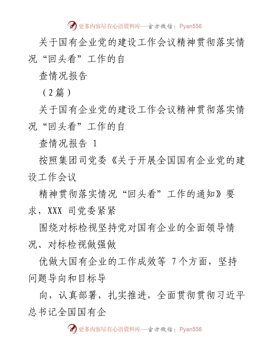 [自查报告] 国有企业党的建设工作会议 - 国有企业党的建设工作“回头看”自查情况报告.docx_第1页