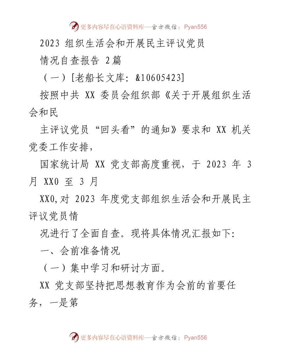 [自查报告] 组织生活会 - 2023年度党支部组织生活会及民主评议党员情况自查报告_1.docx_第1页