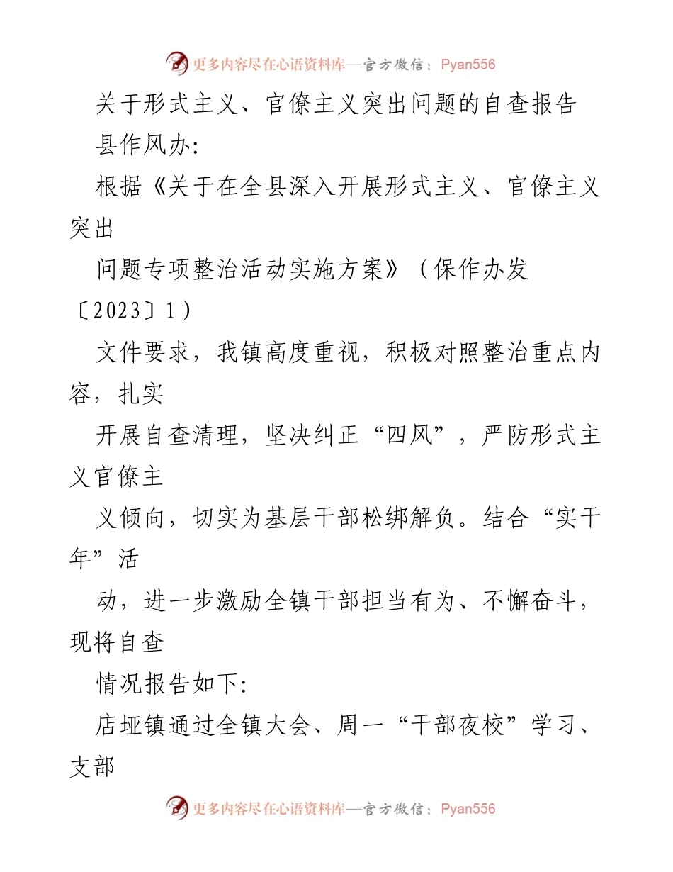 [自查报告] 整治形式主义、官僚主义 - 店垭镇形式主义、官僚主义突出问题自查与整改措施报告.docx_第1页