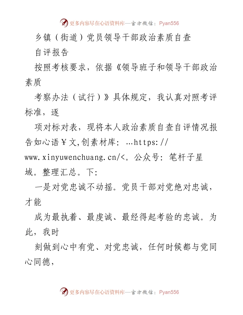[自评报告] 乡镇党员干部考核 - 党员领导干部政治素质自查自评报告.docx_第1页