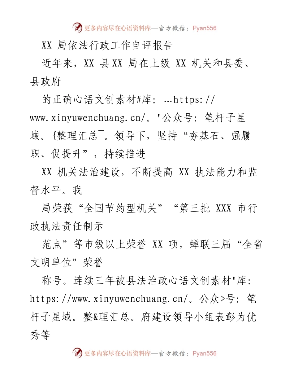 [自评报告] 行政执法 - XX 局依法行政工作自评与成效总结.docx_第1页