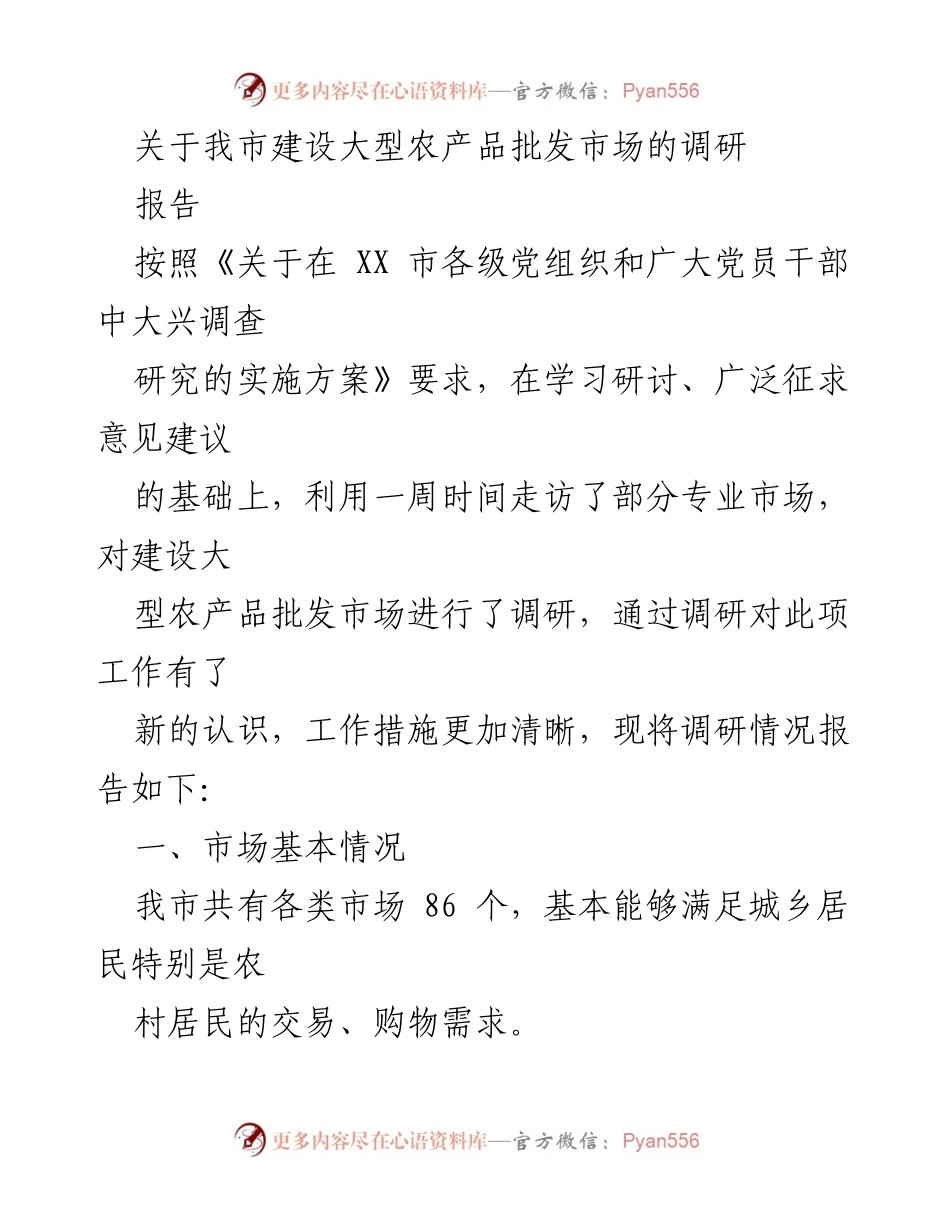 [调研报告] 市场建设 - 我市大型农产品批发市场建设调研报告.docx_第1页